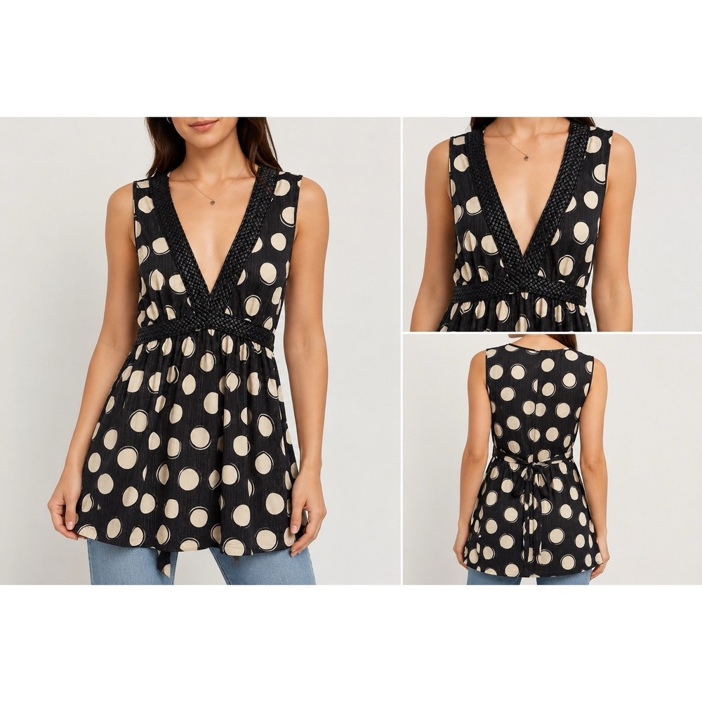 Self Esteem  Polka Dot Sleeveless Babydoll  Top Braided Faux Leather Women L Y2k